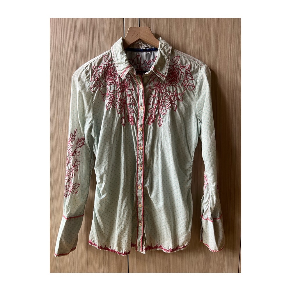 Vintage 3 J Workshop button down Sz s pink embroidery blue polka dots
